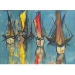 Abstract composition moored boats, 1970's oil on board, framed, 56.5cm x 39.5cm : For Further