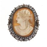 Cameo maiden head brooch with unmarked silver filigree mount, 6cm in length, 17.2g : For Further