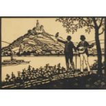 K Lindegreen - Two figures beside water, German woodcut, framed and glazed, 28.5cm x 23cm : For