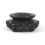Good Chinese carved hardwood stand carved and pierced with flowers, 12cm in diameter : For Further