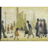 After Laurence Stephen Lowry - Figures in a street, oil on board, mounted and framed, 40.5cm x 29.