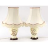Pair of porcelain table lamps and shades decorated with peacocks amongst flowers, 53cm high : For