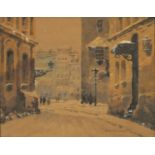 Radan Rolandson? - Snowy street scene, watercolour on board, mounted in an oak frame, 28cm x