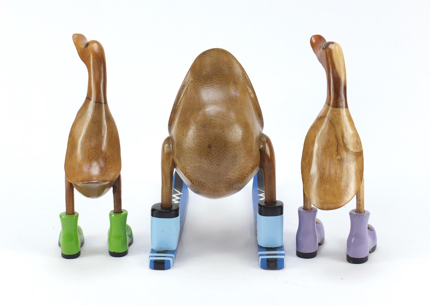 Set of three novelty wooden ducks with colourful oversized boots, the largest 40cm in length : For - Image 4 of 8