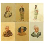 Burmese man and women, five well detailed watercolour portraits, each in wooden frames, each 18cm