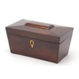 Victorian mahogany sarcophagus shaped tea caddy with twin divisional interior, 12.5cm H x 23cm W x