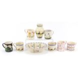 Emma Bridgewater spongeware Brixton pottery vase, decorated with ducks, five mugs and two Griselda