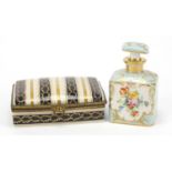 Limoges casket and scent bottle with stopper hand painted and gilded with flowers, each inscribed to