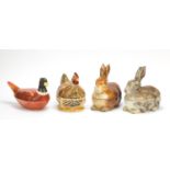 Four large French pottery pots and covers in the form of animals by Michel Caugant, the largest 25cm