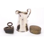 Metalware comprising an Elkington & Co silver plated jug, enamelled brass snuff box and antique