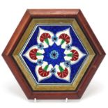 Turkish Kutahya hexagonal tile decorated with flowers, framed, the tile 18cm x 16cm : For Further