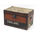 Victorian wooden bound steamer trunk with lift out trunk, OHMS paper label and local inscriptions,