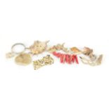 Group of seashells, bone necklace, mother of pearl bracelet and coral, the largest 14cm wide : For