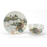 Chinese porcelain bowl and shallow dish, each finely hand painted in the famille rose palette with a