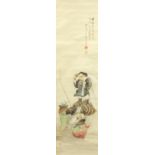 Chinese hand painted wall hanging scroll depicting two fishermen with calligraphy and red seal