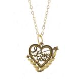 9ct gold I Love You pendant on 9ct gold necklace, 40cm in length, 1.1g : For Further Condition