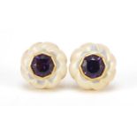 Pair of 14ct gold amethyst and mother of pearl stud earrings, 1.3cm in diameter, 5.4g : For