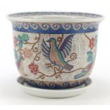 Chinese porcelain jardiniere on stand in the style of Longwy, enamelled with birds and flowers, 22.