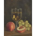 Rosemary de Laszlo - Still life fruit and vessel, oil on canvas, mounted and framed, 25cm x 20cm :