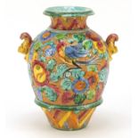Italian Maiolica pottery vase with twin handles hand painted with birds amongst flowers, painted