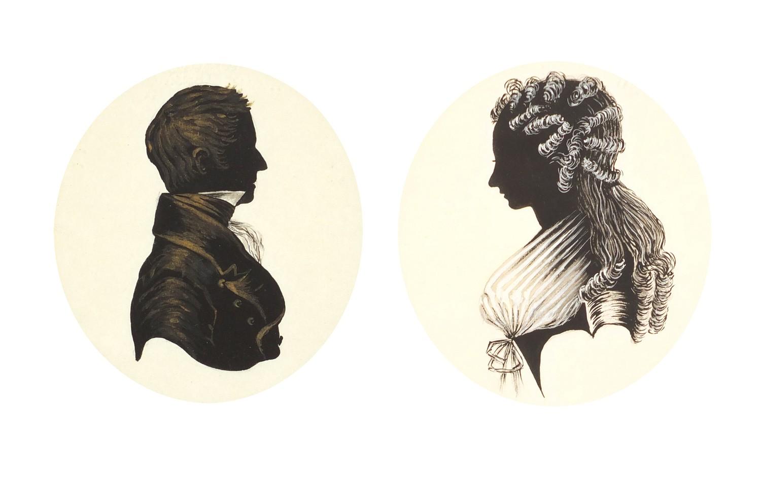 Gentleman and female, pair of Georgian style oval hand painted silhouette portraits, each framed and