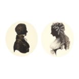 Gentleman and female, pair of Georgian style oval hand painted silhouette portraits, each framed and