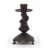 Japanese patinated bronze candlestick with dragon column, 16cm high : For Further Condition Reports,