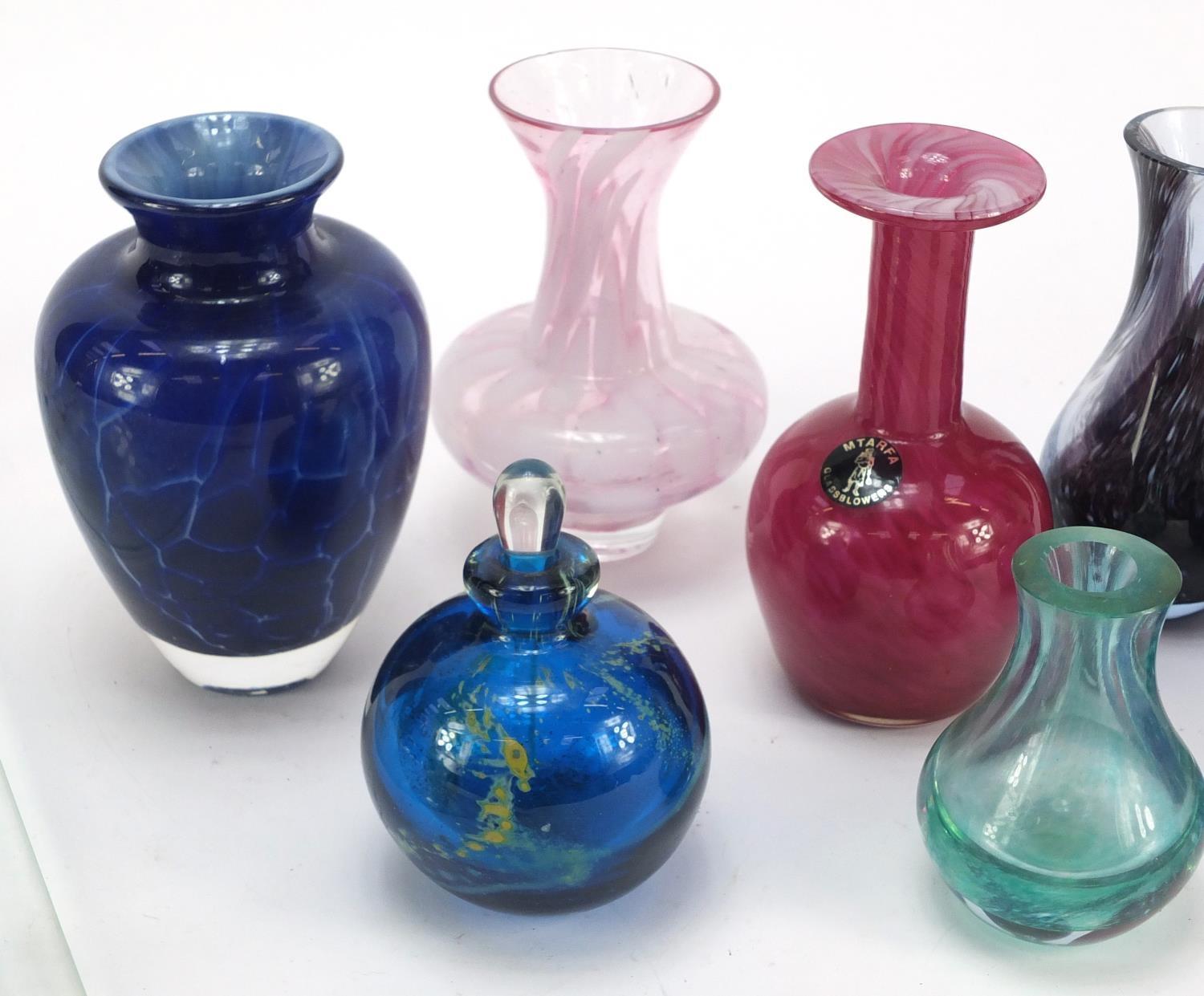 Colourful glass vases and scent bottles including Mdina and Caithness and a glass chess set : For - Image 4 of 11