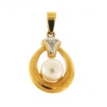 9ct gold pearl and diamond pendant, 2.6cm in length, 2.0g : For Further Condition Reports, Please