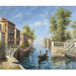 Venetian canal with sidewalk and figures in gondolas, Italian school oil on canvas, framed, 59cm x