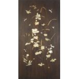 Japanese hardwood Shibayama panel inlaid with ivory and mother of pearl, depicting birds and insects
