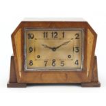 Art Deco inlaid walnut Westminster chiming mantle clock with anvil movement, 32.5cm wide : For