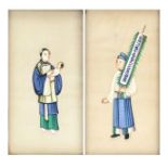 Pair of Chinese pith paper paintings including one of a mother holding a child, each framed and