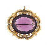 Large Victorian gold coloured metal amethyst coloured brooch, 5.5cm in length, 30.0g : For Further