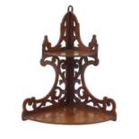 Early 20th century mahogany corner hanging wall unit with fretwork decoration, 47cm x 36cm : For