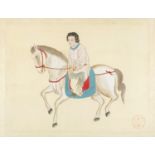Figure on horseback, Chinese painting on silk with red seal marks, mounted, framed and glazed,