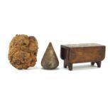 Antique treen comprising novelty Welsh oak money box in the form of a table, novelty walnut burl and