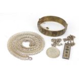 Silver and white metal jewellery including a Victorian style bangle and an ingot pendant, 97.4g :