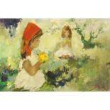Two females picking flowers in a field, American school oil on canvas, framed, 89cm x 60cm : For