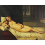 After Peter Paul Rubens - Reclining nude female, oil on canvas, framed, 90cm x 71cm : For Further