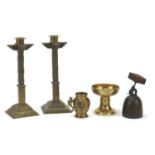 Metalware including pair of classical bronzed candlesticks, Chinese pedestal dish and bell, the