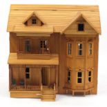 Large hand built wooden doll's house with furniture and wired for lights, 83cm H x 84cm W x 57cm D :