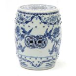 Chinese blue and white porcelain barrel garden seat hand painted with birds amongst flowers, 47.