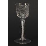 18th century wine glass with engraved bowl and opaque twist stem, 14cm high : For Further