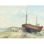 Moored boat, Eastbourne, watercolour, mounted, framed and glazed, 34cm x 25.5cm : For Further