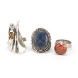 Three silver modernist design rings set with stones, including lapis lazuli, 28.6g : For Further