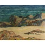 Coastal scene with rocks, Scottish Colourist school, oil on board, mounted and framed, 49.5cm x 40cm