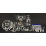 Antique and later glassware including three Champagne flutes, Garria cut baluster decanter with