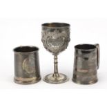 Two military interest silver plated tankards and a goblet, each awarded to PTE G R Lovell, the