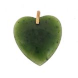 Spinach jade love heart pendant with unmarked gold suspension loop, (tests as 9ct gold) 4.5cm in